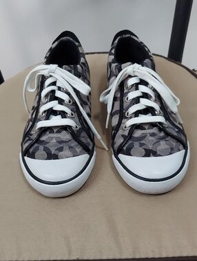 Coach Shoes, Size 8, Logo Fabric, Black & Gray, Patent Leather Heel